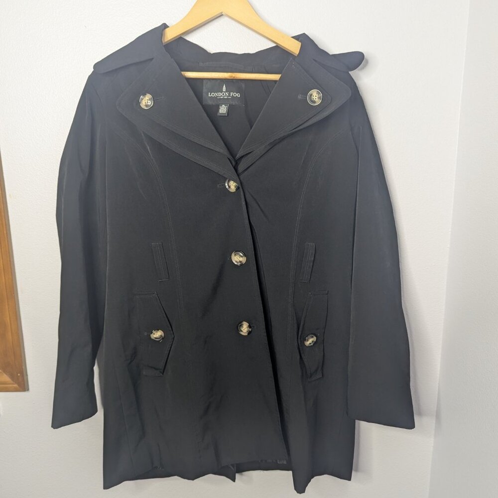 London Fog Black Hooded‎ Coat | Button Front | Water Resistant | Size PL (Petite